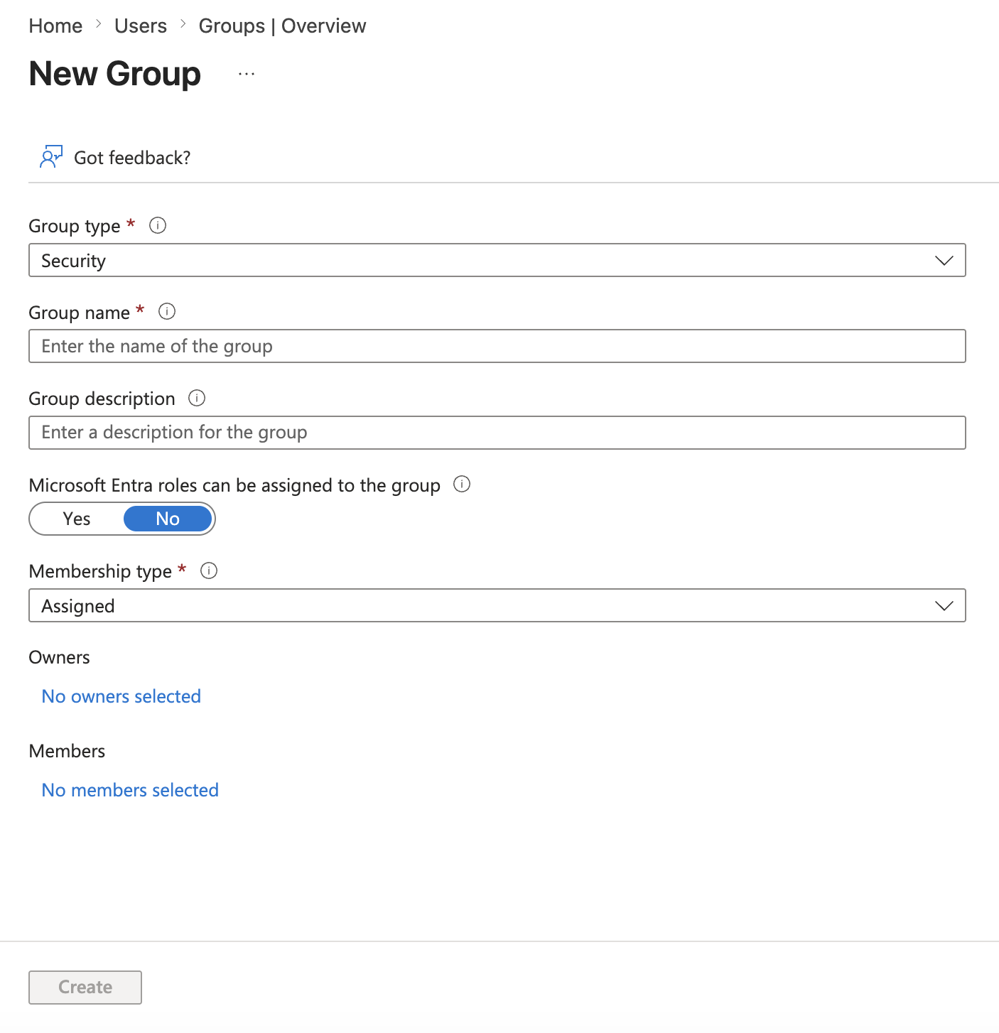 Creating a new security group in Entra ID